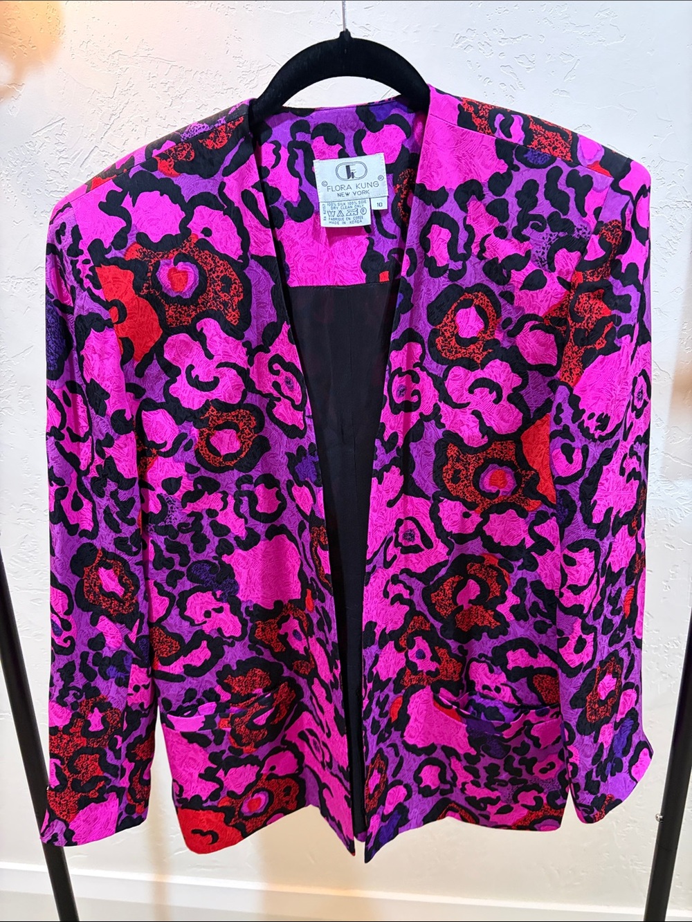 Flora Kung 100% Silk Purple & Pink  Print Women's Blazer
